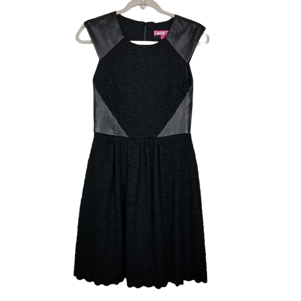 Betsey Johnson Black Vegan Leather and Lace Fit and Flare Dress Size 4